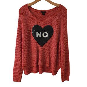 H&M Sweater Womens Sz L Pullover Knit NO Heart Sequin Valentine Love
